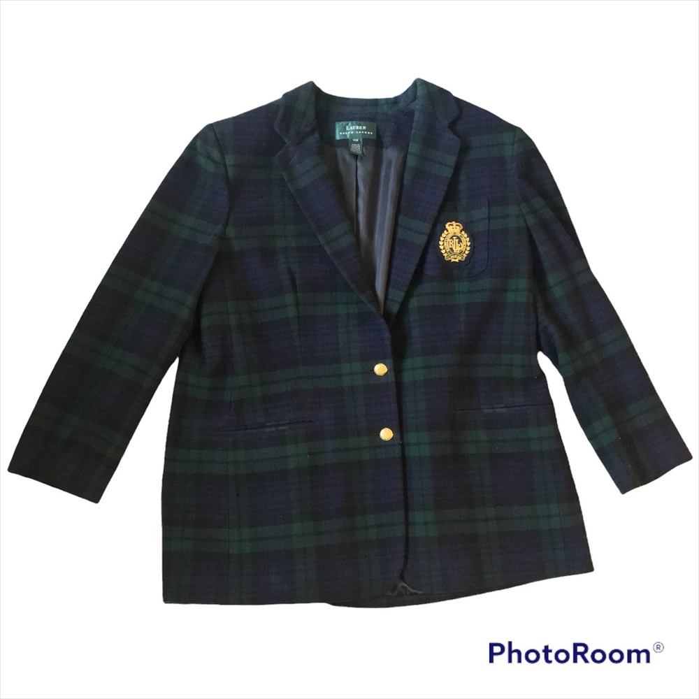 LAUREN Ralph Lauren Plaid Blazer with Gold RL Crest. Size 16W. Wool & Cashmere.